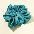 Large oversized ruffled teal satin hair scrunchie with elegant pleated texture for women - Dark Green