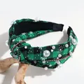 Christmas knotted headband with green plaid, pearls and snowflakes. - Artificial Pearl White Rhinestone Black Green