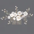 Handmade bridal hair comb featuring white clay flowers and delicate pearl accents - Gold Princess Evening Party Hair Comb (HS-J7265G)