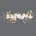 Elegant handmade bridal hair comb featuring white clay flowers, pearls and gold leaf details - Gold Luxury Photography Double Hair Comb (HS-J6746G)