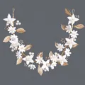 Elegant handmade bridal hair vine featuring white clay flowers, gold leaves and pearls. - Gold Forest Style Flower Hair Band (HS-J7270G)