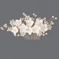 Elegant handmade bridal hair comb featuring white polymer clay flowers and faux pearls - Gold Bridal Versatile Hair Comb (HS-J7447G)