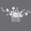 Handmade bridal hair comb with white polymer clay flowers and crystals in silver finish - Silver Bridal Luxury Hair Comb (HS-J7236S)