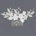 Handmade bridal hair comb with elegant white clay flowers and silver leaf accents - Luxury Flower Versatile Hair Comb (HS-J7358S)