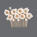 Elegant luxury bridal hair comb with handmade white clay flowers and faux pearls detail - Gold Bridal Flower Hair Comb (HS-J6593G)