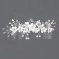 Elegant handmade bridal hair comb featuring white polymer clay flowers and silver leaves. - Silver Luxury Photography Double Hair Comb (HS-J6746S)