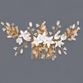 Elegant handmade bridal hair comb featuring white clay flowers and pearls on gold - Gold Luxury Princess Hair Comb (HS-J7300G)
