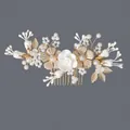 Handmade bridal hair comb featuring white polymer clay flowers and faux pearls gold finish - Gold Bridesmaid Banquet Hair Comb (HS-J6717G)