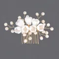 Elegant handmade white clay flower hair comb with champagne beads for brides - Gold Bridal Banquet Hair Comb (HS-J6845G)