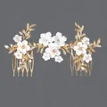 Handmade bridal hair comb with white polymer clay flowers and gold leaf accents. - Gold Luxury Princess Double Hair Comb (HS-J6745G)
