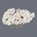Handmade bridal hair comb with white polymer clay flowers and faux pearls on gold base - Gold Flower Photography Hair Comb (HS-J7303G)