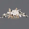 Handmade elegant bridal hair comb featuring white ceramic flowers and ivory pearls - Gold Versatile Forest Style Hair Comb (HS-J7221G)