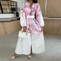 Elegante abito lungo a fiori con maniche a sbuffo e cintura in vita per donna - 3XL / Rosa