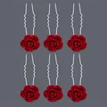 Lot de 6 épingles à cheveux roses en velours rouge avec pinces ondulées pour mariées - Ensemble De 6 Épingles À Cheveux Roses Hs-j6516red
