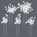 Elegant 5-piece bridal hairpin set with handmade pearls and frosted white floral designs - Silver Leaf Versatile Flower Style (HS-J7283S)