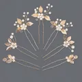 Set di forcine da sposa dorate con perle artificiali e delicate foglie di metallo - Bacchetta per capelli semplice con foglia di metallo (HS-J7074) / Set da 7