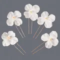 Set of 5 handmade white fabric flower bridal hair pins with pearls in gold finish - Versatile Girl's Flower Style (HS-J7441G)