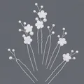 Set of 6 handmade bridal hair pins with white fabric flowers and artificial pearls - Simple Artificial Pearl Flower Style (HS-J7356S)