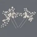 Handgefertigte silberne Braut-Haarnadeln mit Perlen und Blattdesign, 2er-Set Stück. - Zweiteiliges Set / Silber