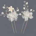 Horquillas de novia hechas a mano con flores de tela blanca y detalles de perlas - Horquillas de flores estilo bosque, pack de 2, HS-J7402G