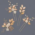 Handmade bridal hair accessories set featuring pearl flowers and rose gold leaves design - Gold Flower Leaf Hair Pin Comb Style (HS-J7408G)