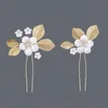 Handmade bridal hair pins with delicate white flowers and gold leaves, set of 2 - Gold Leaf Flower Bridal Style (HS-J7022G)