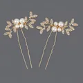 Elegant bridal U-shaped hair pins with handmade pearls and crystal leaf decor. - Gold Artificial Pearl Girl's Style (HS-J7123G)