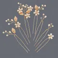Set di forcine da sposa fatte a mano in oro con perle e fiori di cristallo eleganti - Bacchetta per capelli con perle forestali versatile (HS-J7376G) / Set da 7