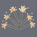 Elegant set of 7 gold handmade bridal hairpins featuring pearls and floral leaf designs. - Gold Leaf Luxury Banquet Style (HS-J6605G)