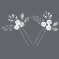 Pair of handmade bridal hair pins with white ceramic flowers and clear crystals - Silver Luxury Rhinestone Style (HS-J7294S)