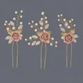 Elegant handmade bridal hairpin set with pink clay roses, pearls and gold leaves - Pink Flower Versatile Style (HS-J7459GPINK)