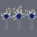 Set of 3 handmade bridal hair pins featuring royal blue roses pearls and crystals - Blue Flower Versatile Style (HS-J7459SBLUE)