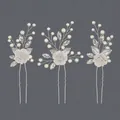 Handmade silver bridal hairpins with white flowers, pearls, and crystals set - White Flower Versatile Style (HS-J7459SW)