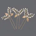 Elegant set of three handmade bridal hairpins with white pearls, crystals and gold leaves. - Gold Leaf Artificial Pearl Bridesmaid Style (HS-J4649)