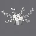 Elegant handmade bridal hair comb featuring crystal leaves and delicate white flower pearls. - Forest Floral Branch Silver Style (HS-J7263S)