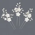Set of three handmade bridal hair pins featuring white ceramic flowers and elegant pearls - Silver Flower Artificial Pearl Style (HS-J7454S)