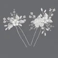 Handmade silver bridal hairpins decorated with white flowers, crystals, and pearls. - Silver Leaf Princess Banquet Style (HS-J6636S)