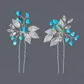 Exquisite handmade bridal hair pins set with turquoise stones and silver crystal leaves - Silver Versatile Forest Style (HS-J6842S)