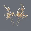 Handmade gold finish bridal hair pins featuring crystal flowers and pearl leaves detail - Gold Leaf Bridal Style (HS-J6210G)