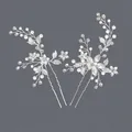 Elegant silver handmade bridal hairpins with crystal flowers and white pearls - Silver Leaf Bridal Style (HS-J6210S)