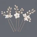 Elegant handmade bridal hairpins featuring white flowers, pearls, and crystals. Gold. - Gold Flower Coming-of-Age Style (HS-J6649G)