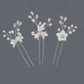 Set of three handmade bridal hair pins with crystal, pearl, and flower motifs - Silver Flower Coming-of-Age Style (HS-J6649S)