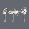 Set of 3 handmade bridal hair pins with white flowers, pearls, and gold leaves. - Gold Princess Banquet Style (HS-J7021G)