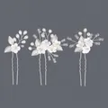 Set of 3 bridal hairpins with handmade crystal pearls and white floral leaf motifs - Silver Princess Banquet Style (HS-J7021S)