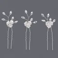 Set of three silver bridal hair pins with handmade crystal flower and leaf design - Silver Rhinestone Girl's Style (HS-J6996S)