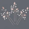 Handmade rose gold bridal hair pins with white pearls and leaf motifs in 3-piece set - Gold Leaf Daily Versatile Style (HS-J6416)