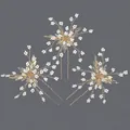 Elegant golden bridal hair pins with white pearls and crystal flower leaf design - Fashion Commute Versatile Style (HS-J6335)