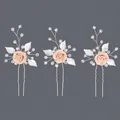 Handmade bridal hair pins with peach roses, silver leaves and crystal beads set of 3 - Pink Flower Shoot Style (HS-J6995SPINK)