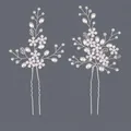Handmade bridal hairpins featuring pink crystals, white pearls, and silver leaf motifs. - Silver Flower Versatile Daily Style (HS-J6794S)