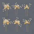 Set di sei forcine per capelli da sposa fatte a mano con perle, cristalli e foglie d'oro - Bacchetta per capelli floreale con perle (HS-J6973G) / Set da 6 pezzi